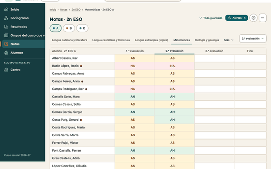 Pantalla «Poner notas» de 1r ESO: los botones de grupo, las pestañas de materia, la evaluación y la rejilla de Matemáticas con cada nota sobre el color de su nivel (NA, AS, AN, AE).