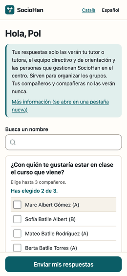 Cuestionario en un móvil: saludo al alumno, quién leerá las respuestas, buscador de nombres y la lista de compañeros para elegir.